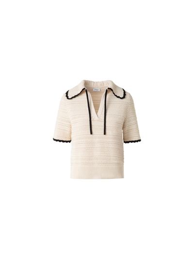 Designer Chunky Cotton Knit Top with Contrast Trim - neutral - multicolor - beige