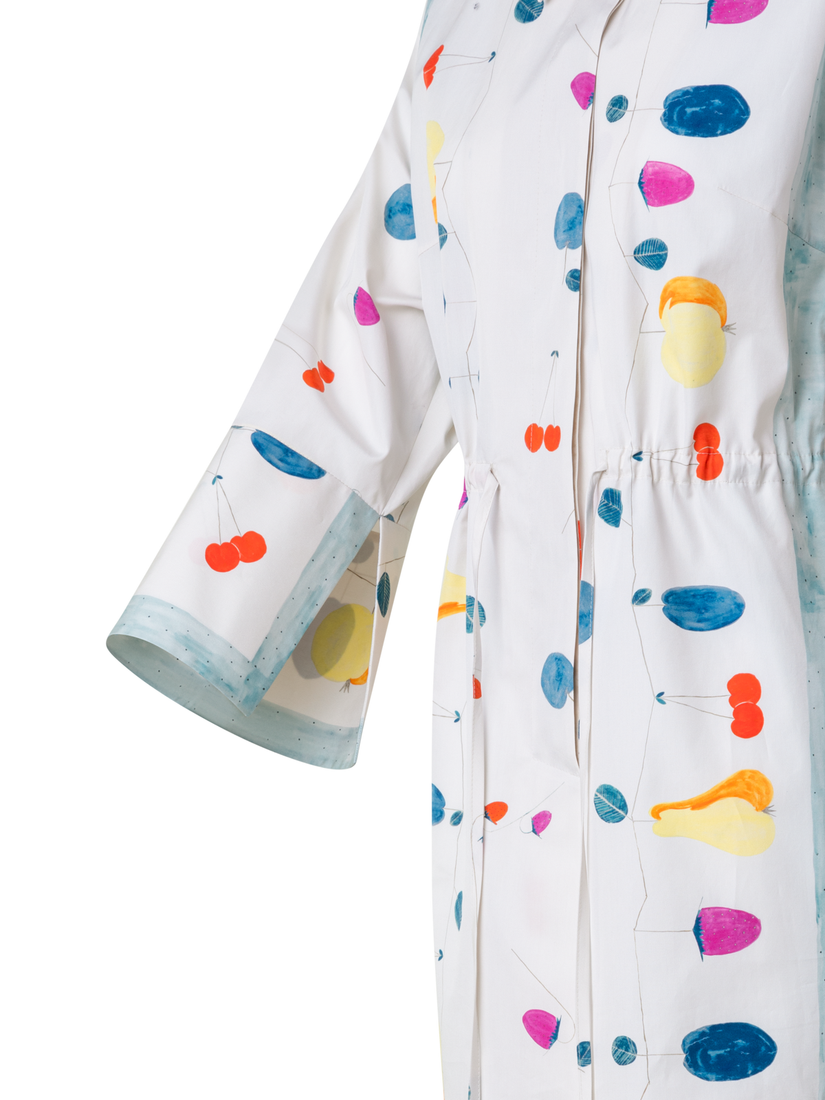 Designer Cotton Midi Shirt Dress with Fruits Print - multicolor