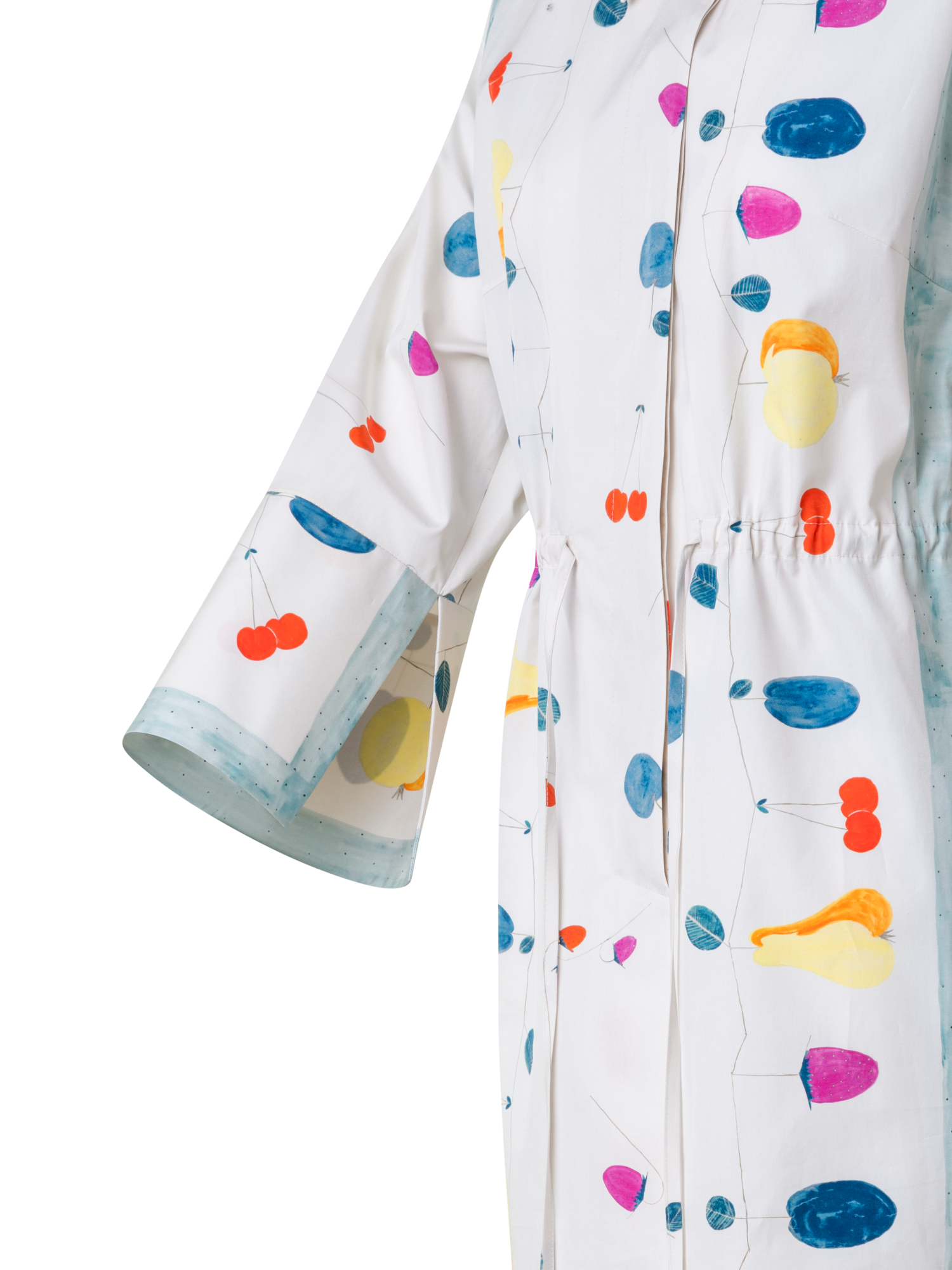 Designer Cotton Midi Shirt Dress with Fruits Print - multicolor