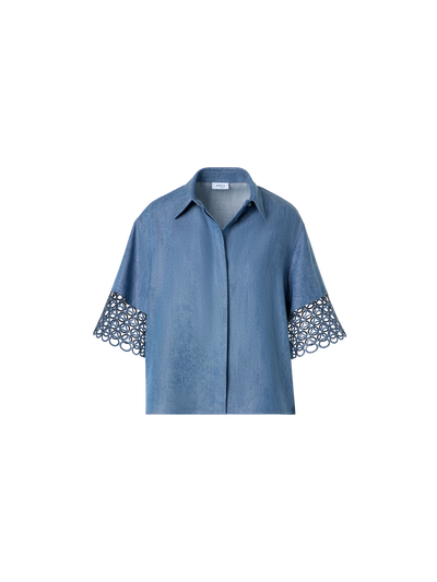 Designer Denim Blouse with Eyelet Guipure - blue