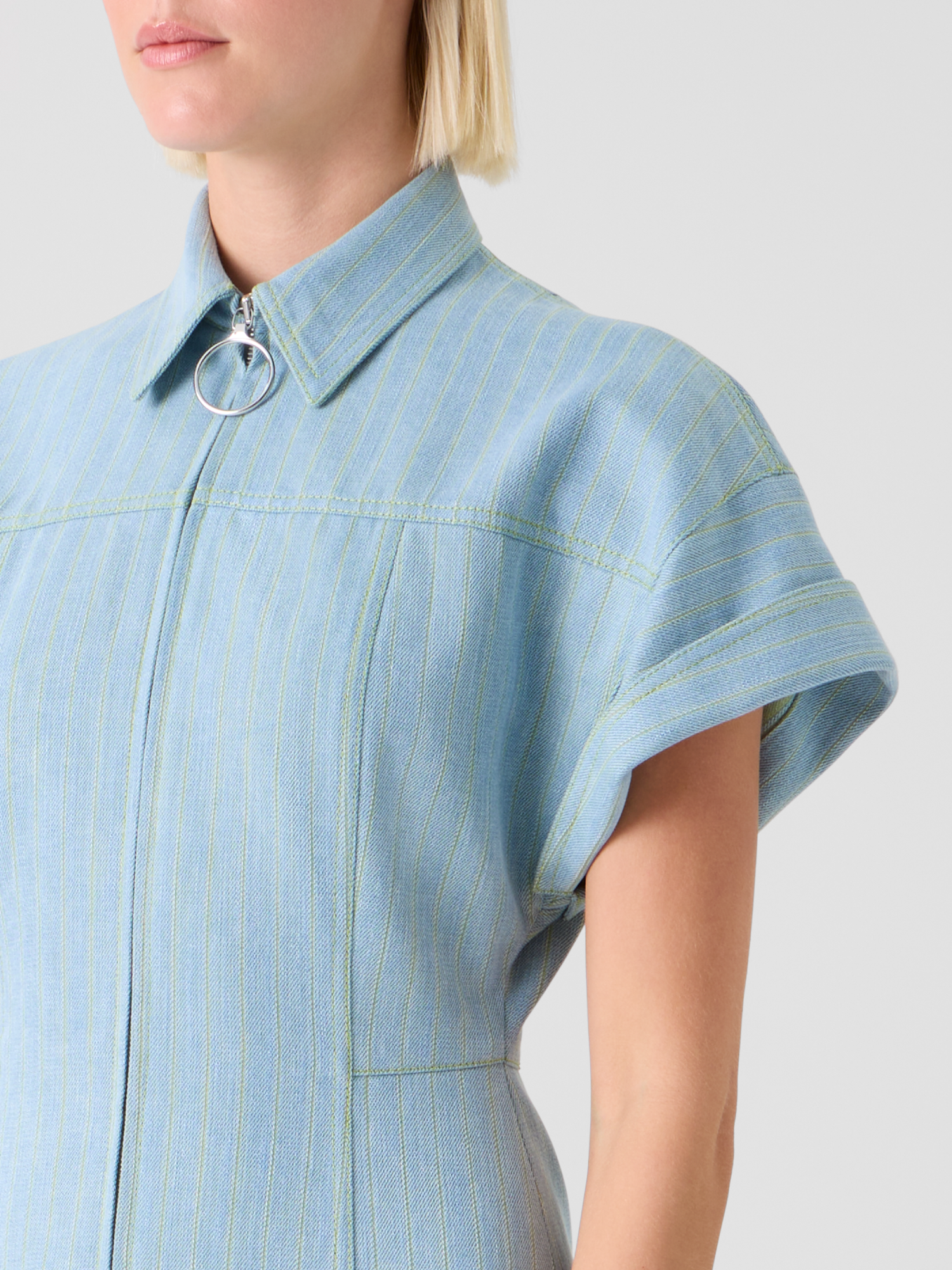 Designer Fitted Pinstripe Denim Mini Shirt Dress - blue