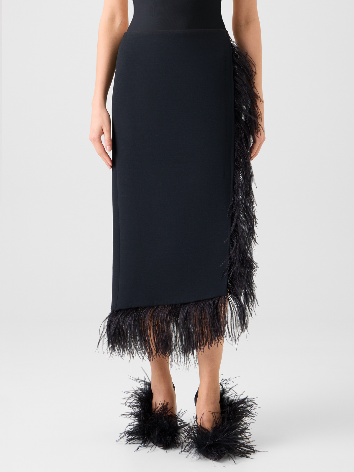Designer Asymmetrical Wool Midi Skirt with Feather Trim - black - neutral #editorial