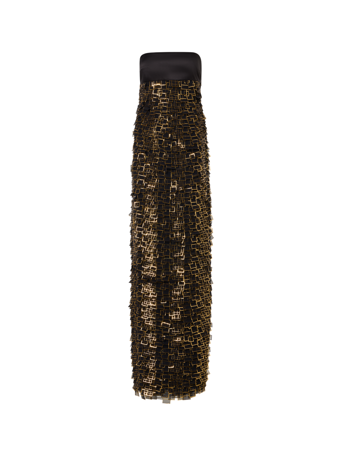 Designer Bustier Gown in Golden Frame Organza Tiles - gold - black