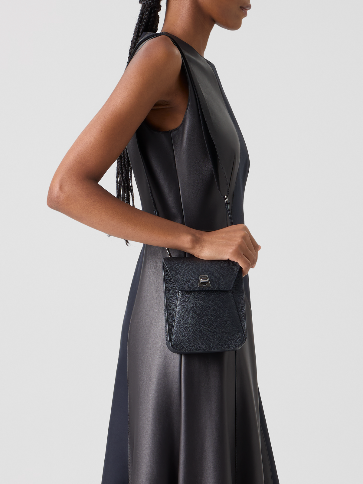 Designer Flared Midi Dress with Leather Patchwork - black #editorial