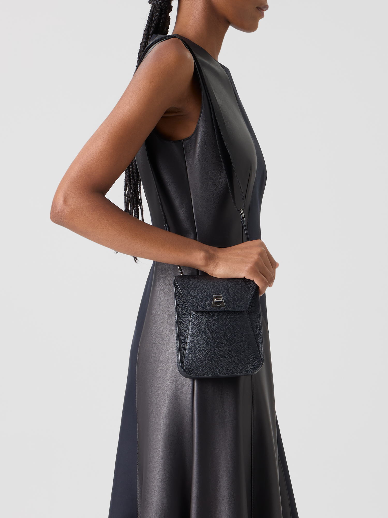 Designer Flared Midi Dress with Leather Patchwork - black 