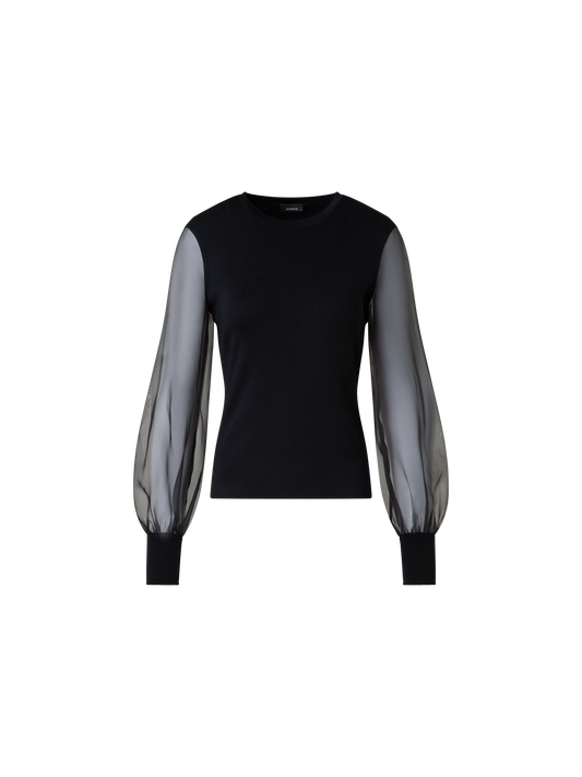 Designer Silk Sweater with Sheer Organza Sleeves - black