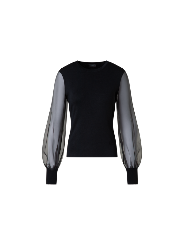 Designer Silk Sweater with Sheer Organza Sleeves - black