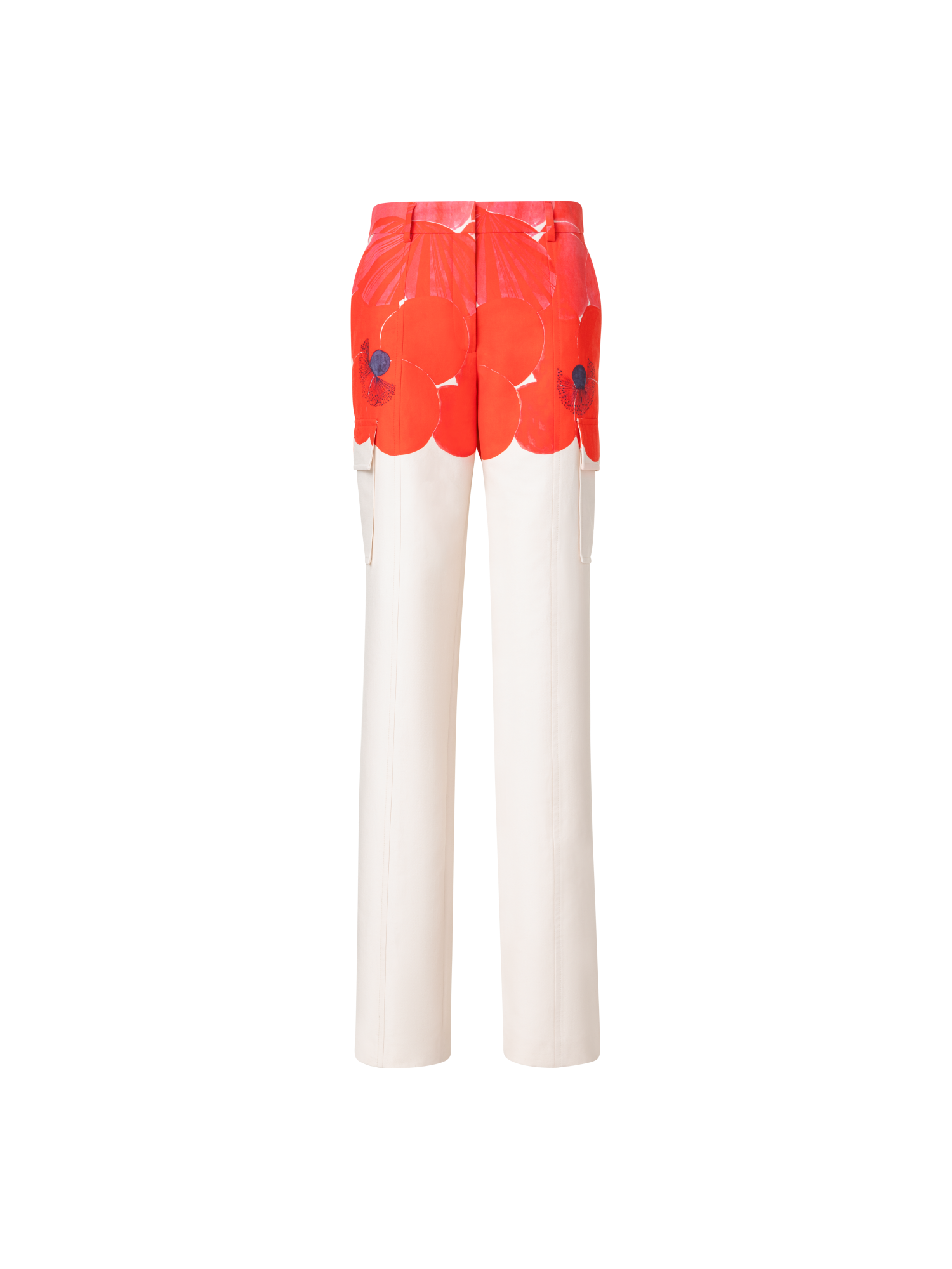 Designer Straight Cotton Silk Cargo Pants with Poppy Print - multicolor - ecru - red - white