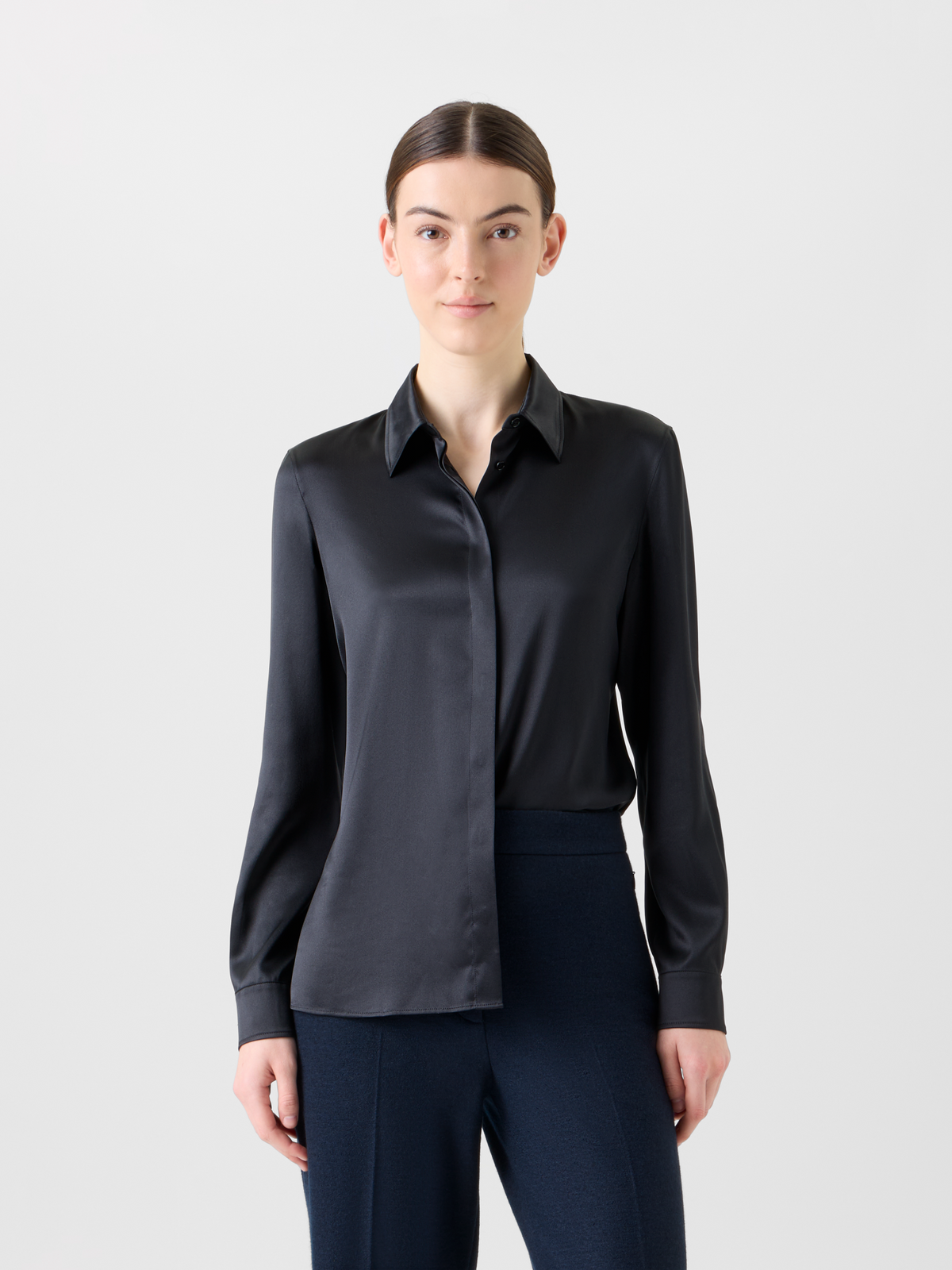 Designer Stretch Silk Satin Shirt Blouse - black - neutral #editorial