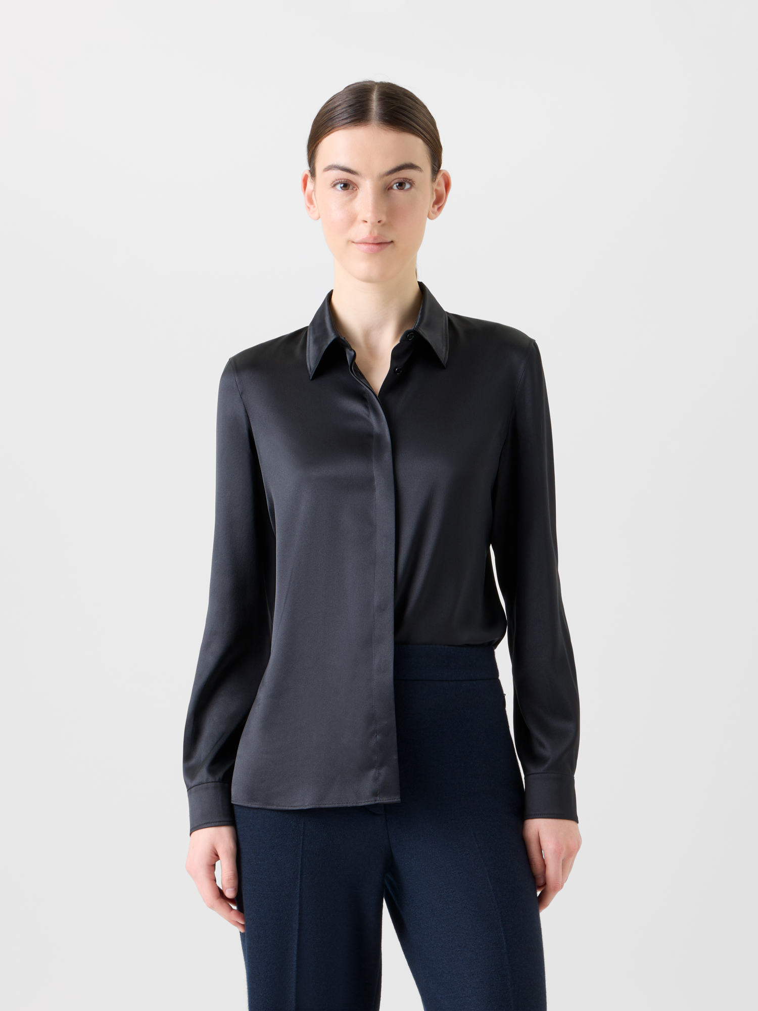 Designer Stretch Silk Satin Shirt Blouse - black - neutral 
