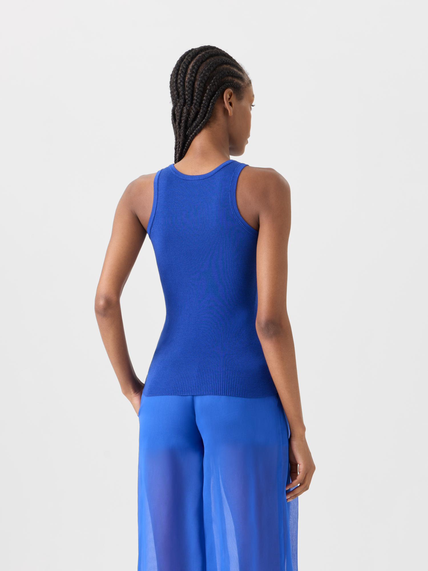 Designer Sleeveless Ribbed Silk Knit Top - blue 