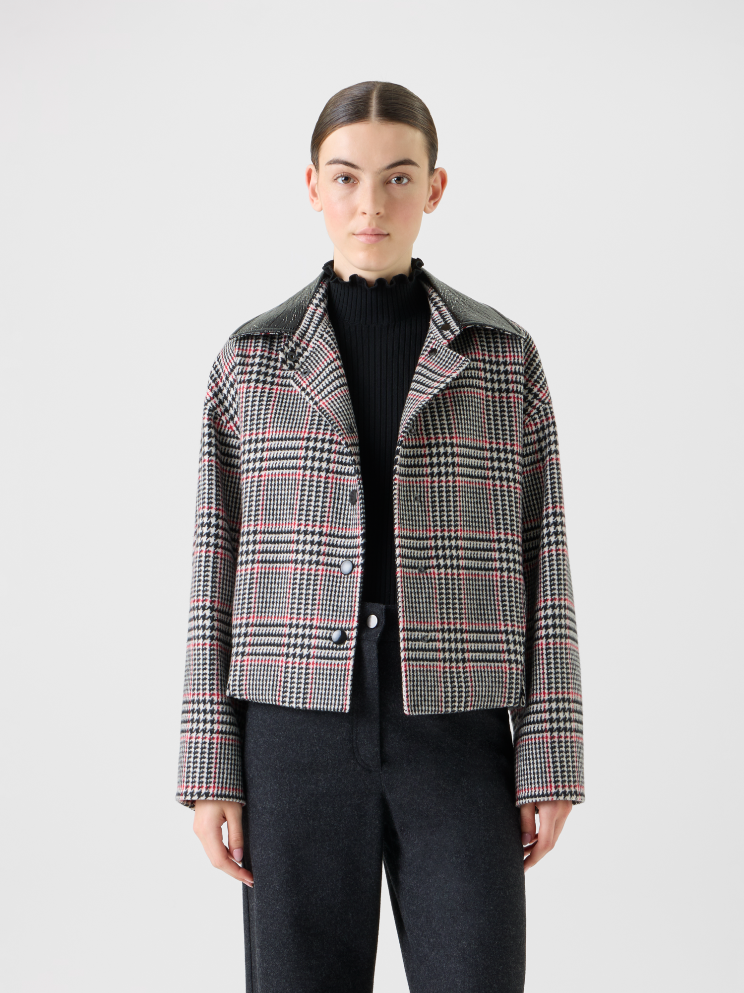 Designer Glencheck Tweed Jacket with Faux Leather Collar - black - multicolor 