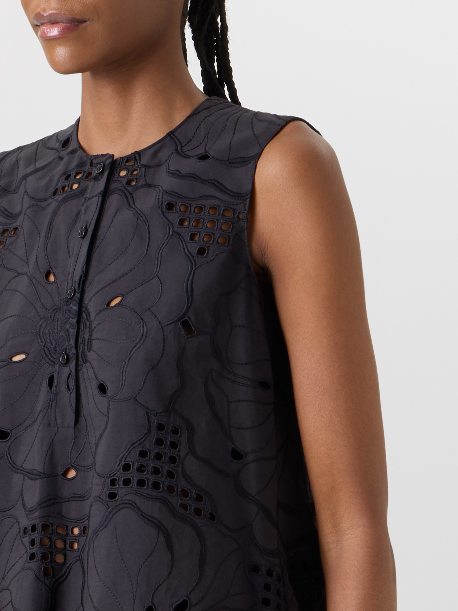 Designer Sleeveless Flower Eyelet Tunic Blouse - black 