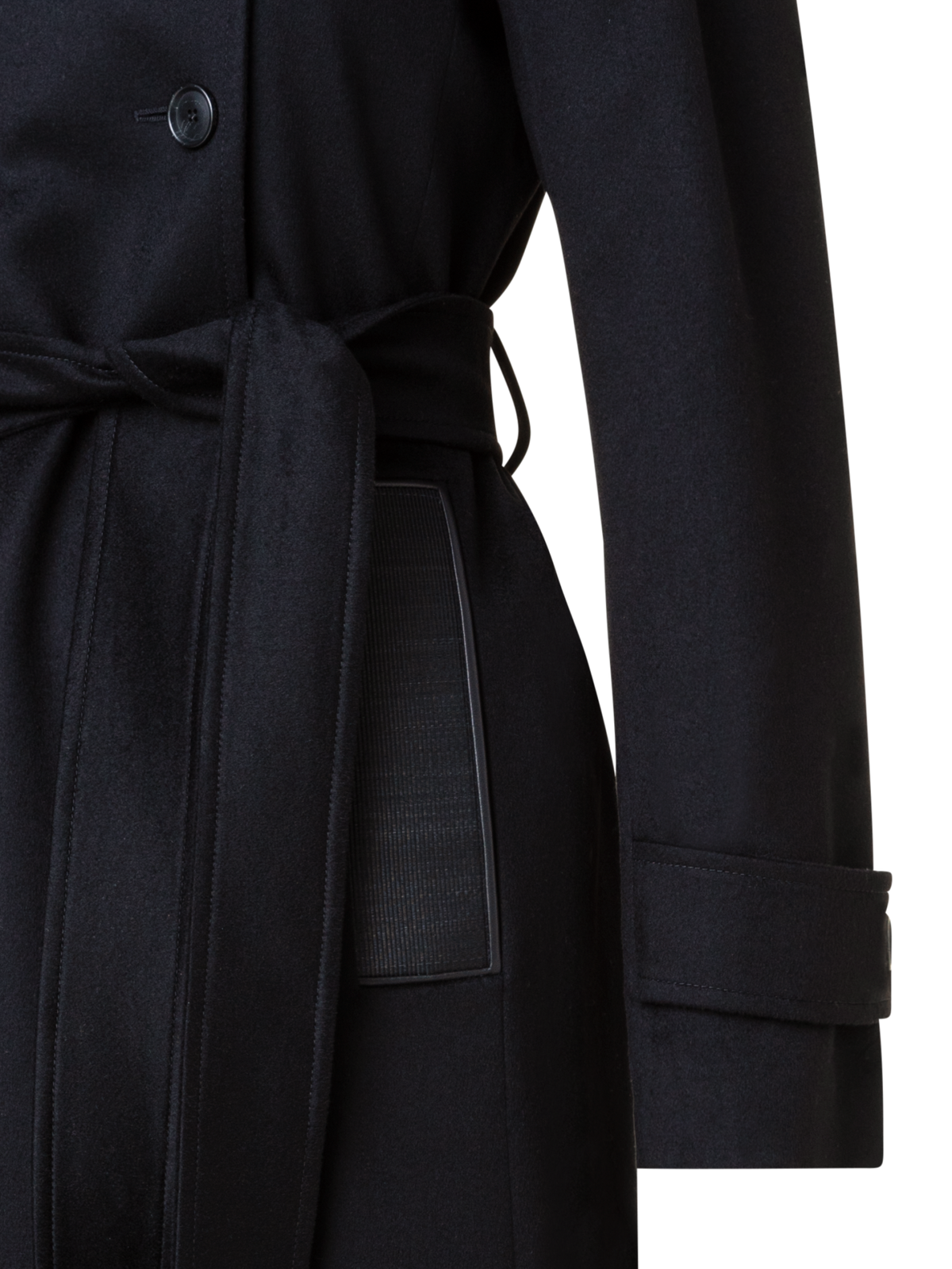 Designer Cashmere Coat with Horsehair Collar and Pocket - black