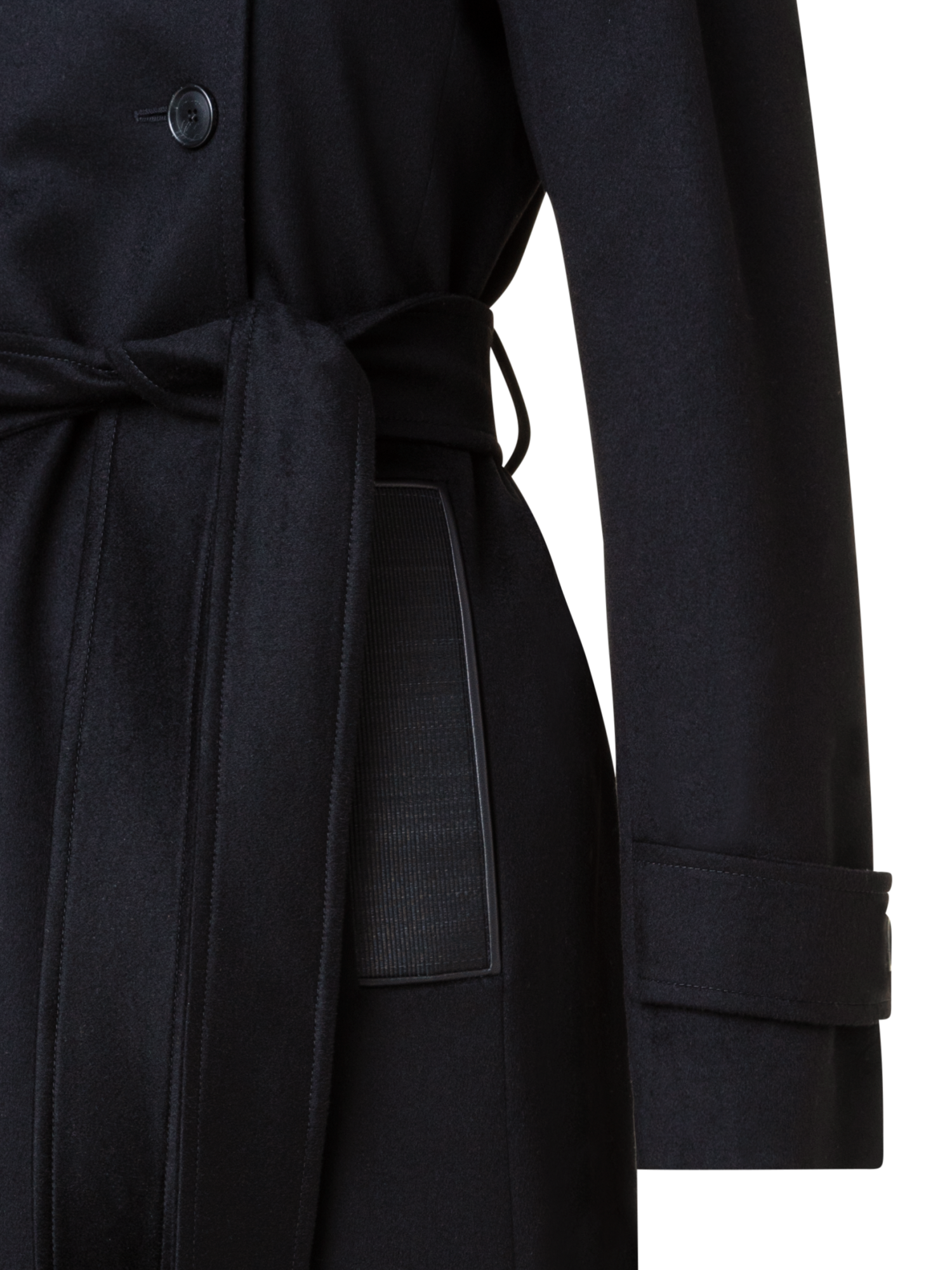 Designer Cashmere Coat with Horsehair Collar and Pocket - black