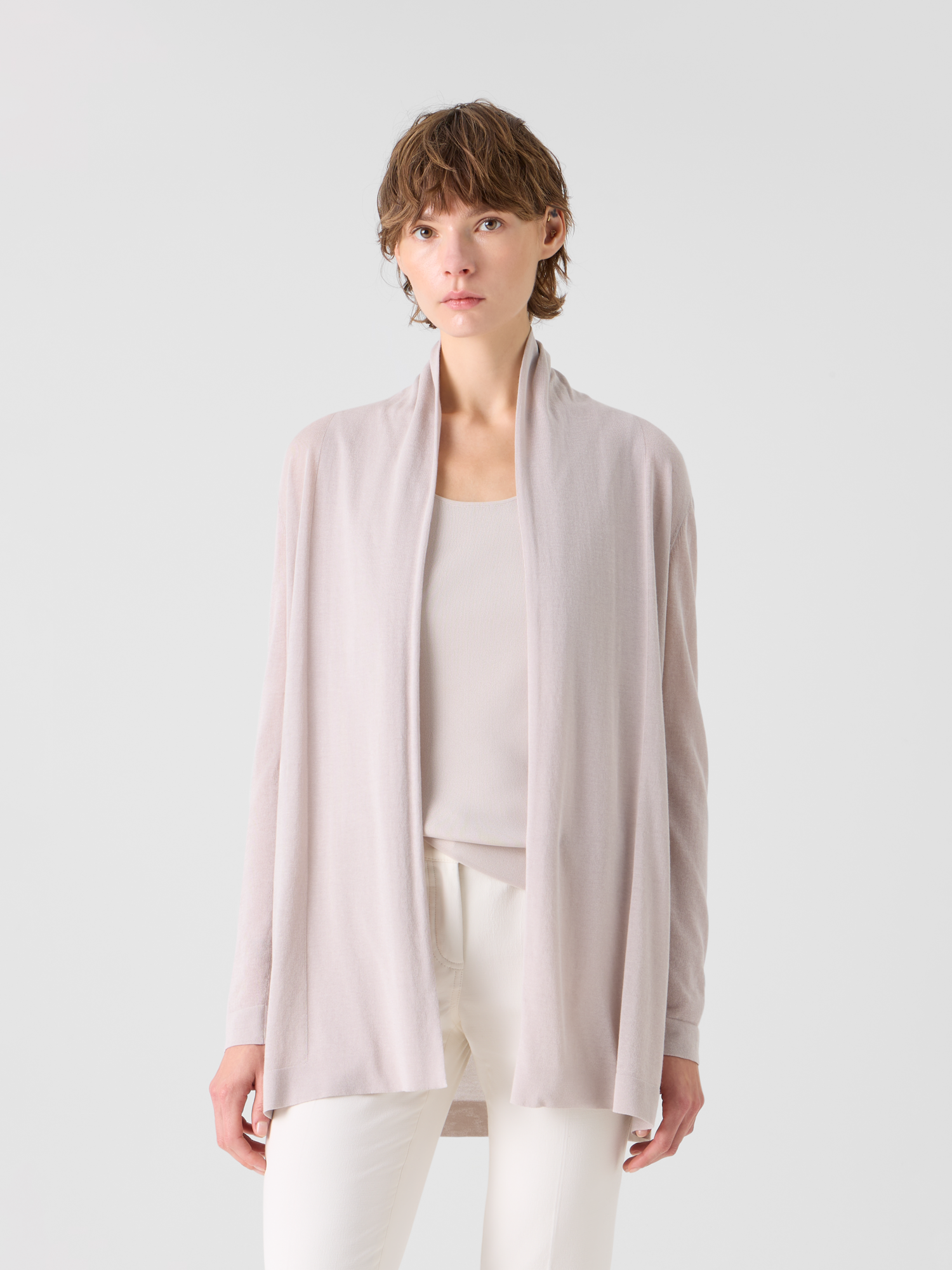 Designer Long Silk Cotton Cardigan with Shawl Collar - neutral - beige 