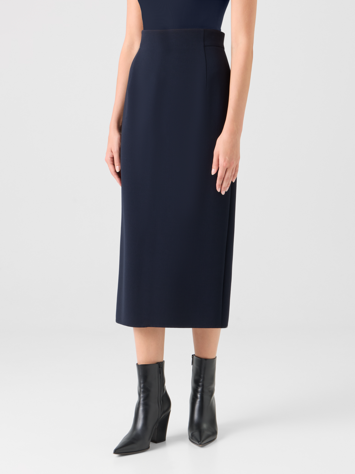 Designer Wool Bi-Stretch Double-Face Midi Pencil Skirt - black #editorial