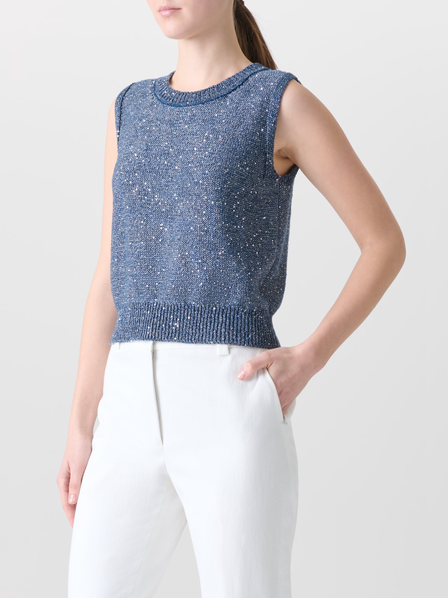 Designer Sleeveless Linen Cotton Knit Top with Sequins - blue