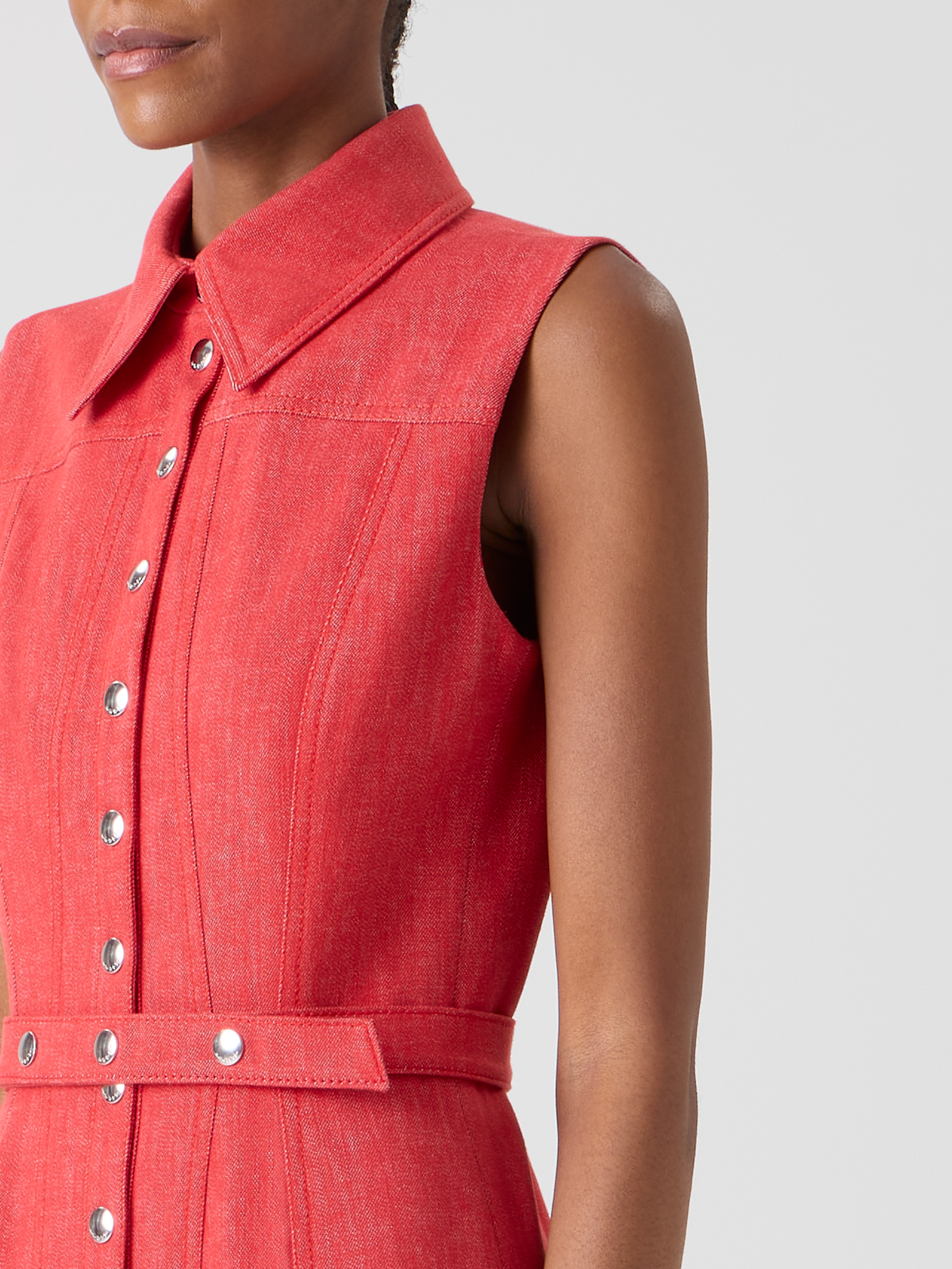 Designer Fit and Flare Denim Midi Dress - red #editorial