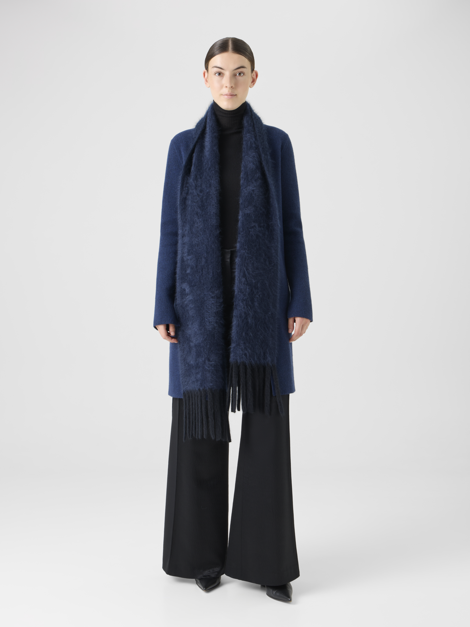 Designer Bi-Color Cloud Cashmere Scarf with Fringes - navy 