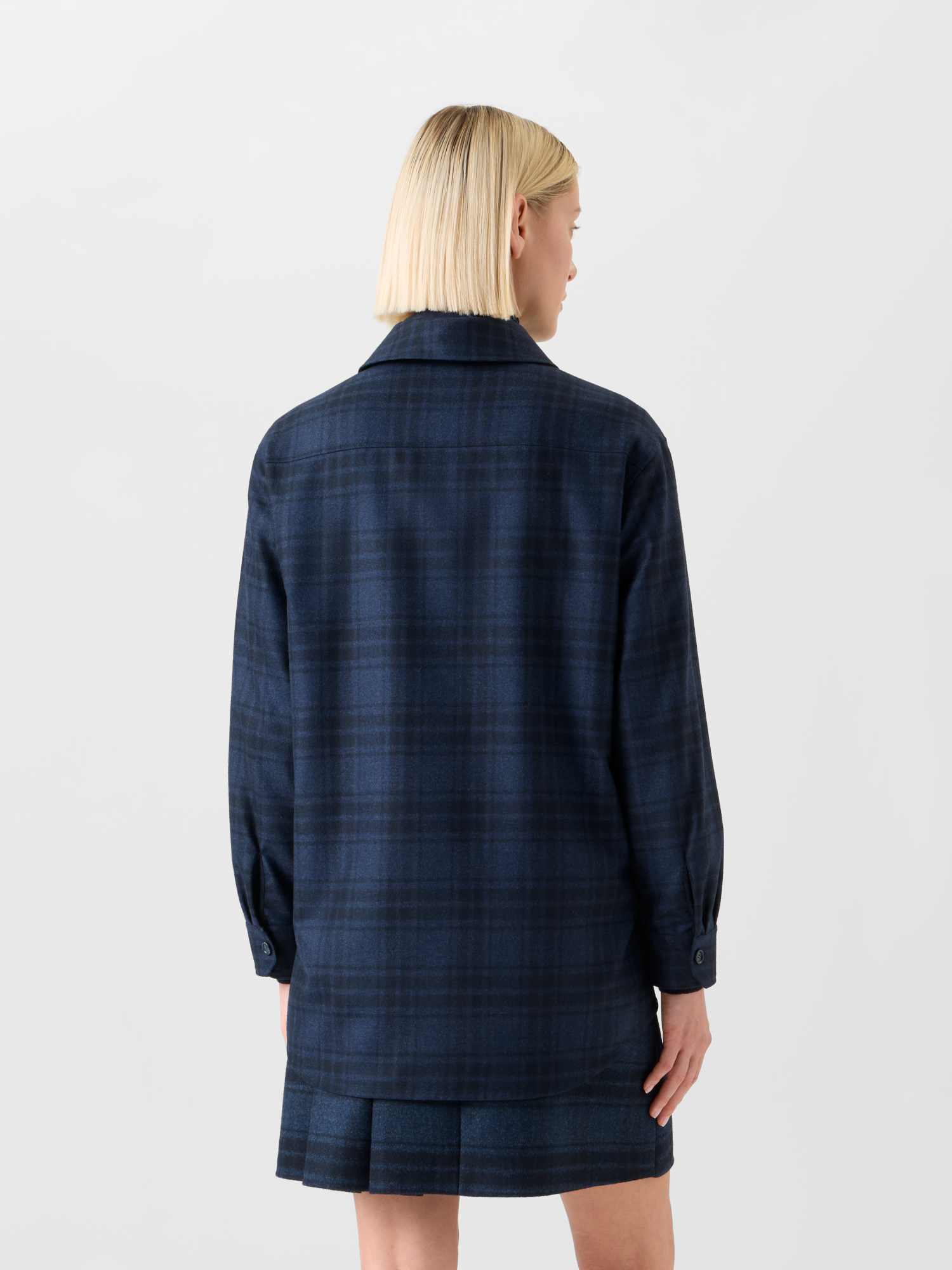 Designer Oversized Wool Flannel Plaid Shirt Jacket - neutral - navy - blue 