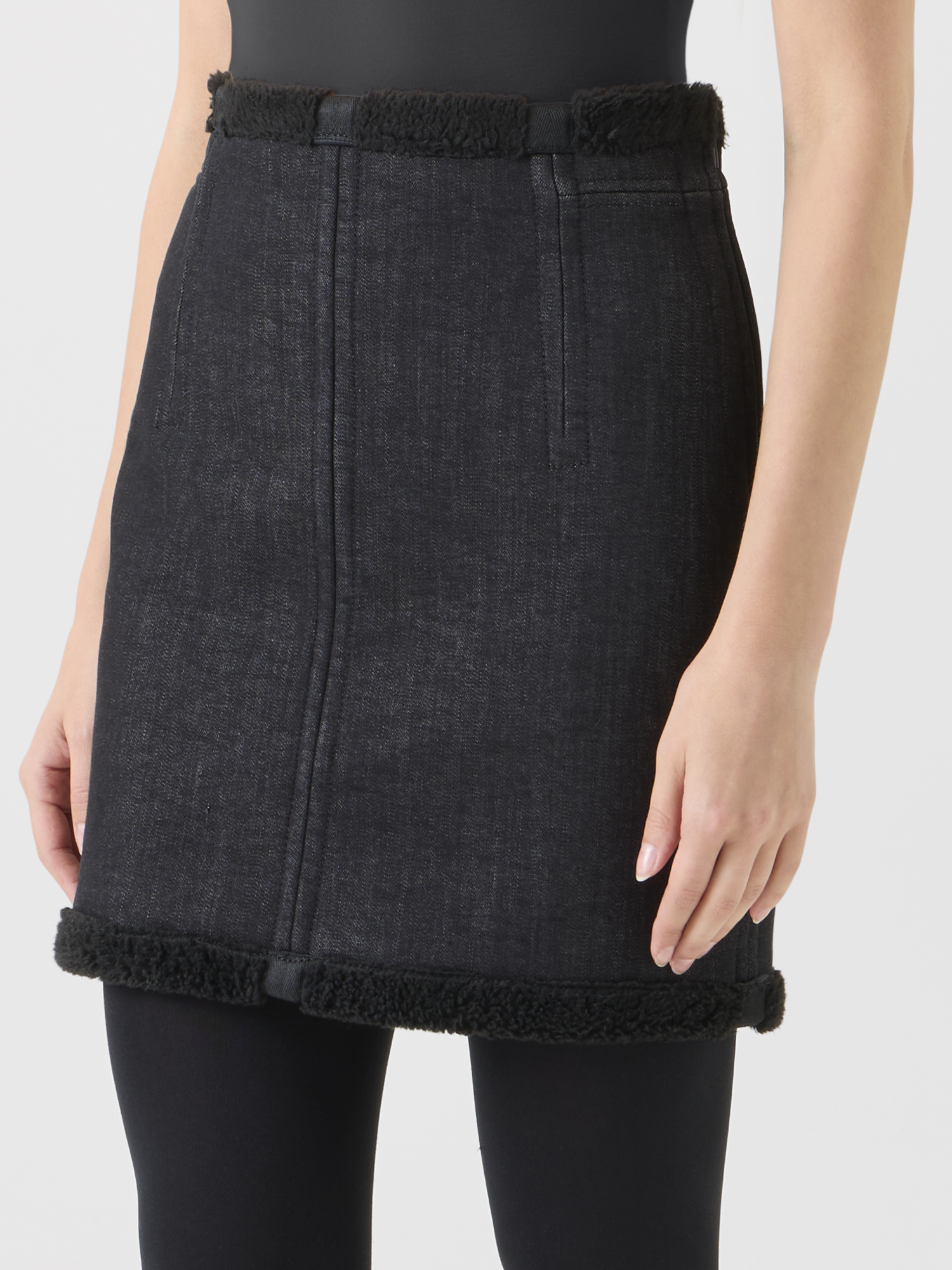 Designer Cotton Denim and Faux Shearling Mini Skirt - black - neutral 