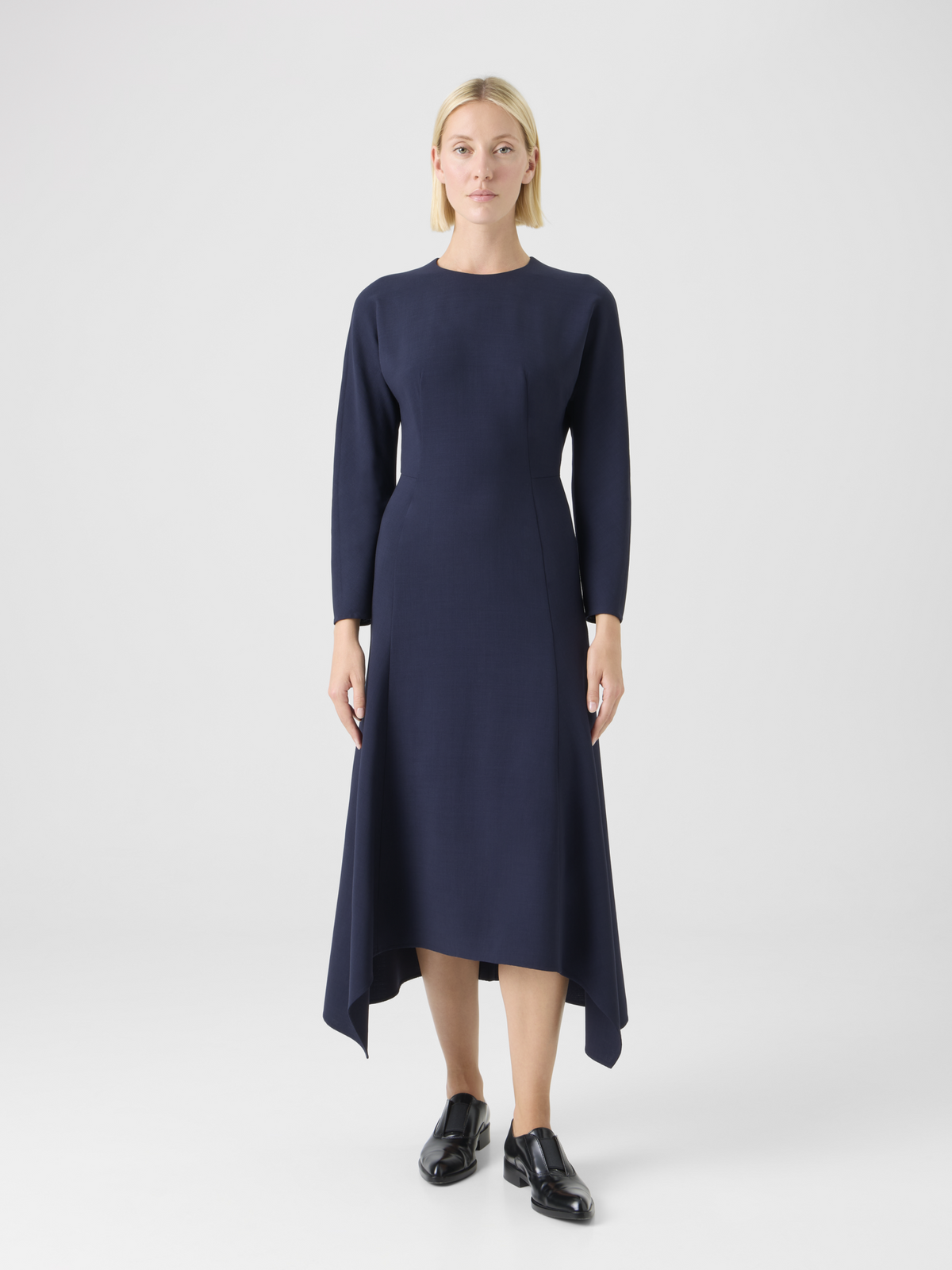 Designer Asymmetrical Cool Wool Midi Dress - navy - blue #editorial