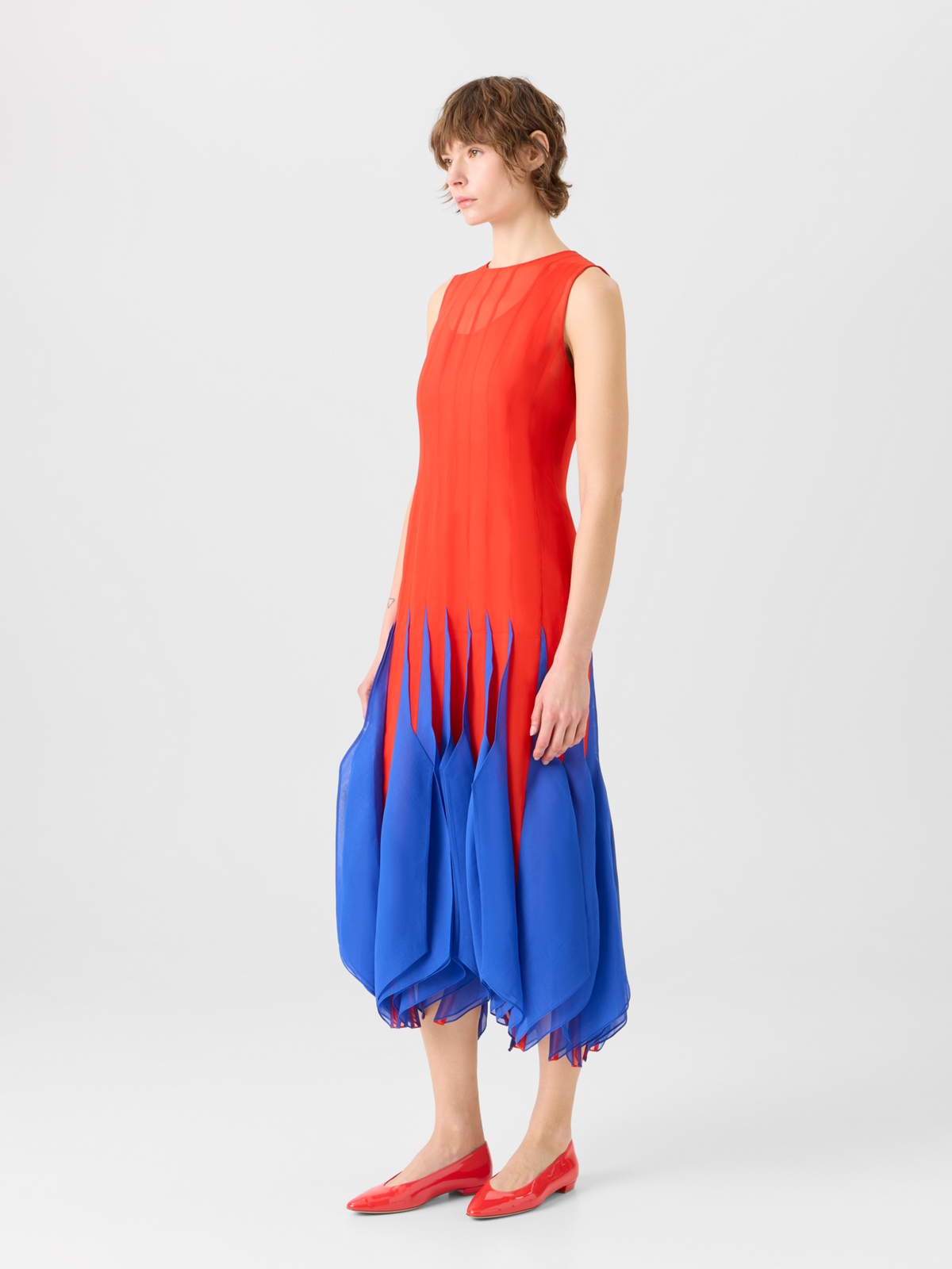 Designer Silk Midi Dress with High Plains Insets - multicolor - red #editorial