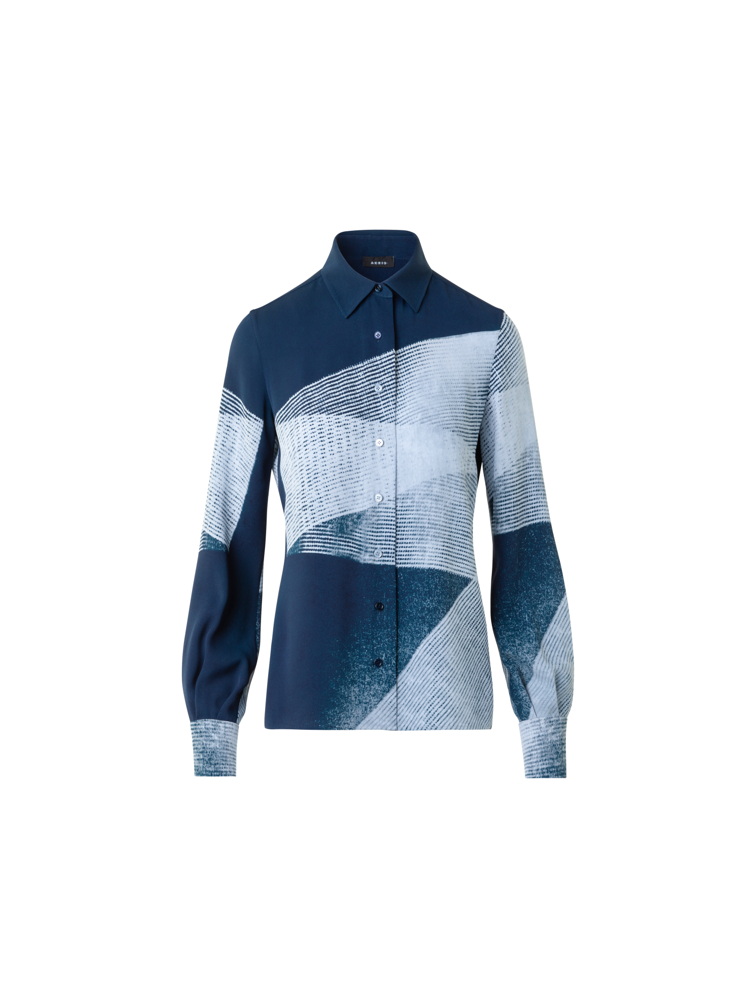 Designer Silk Crêpe Shirt Blouse in Zigzag Print - neutral - navy - blue - multicolor