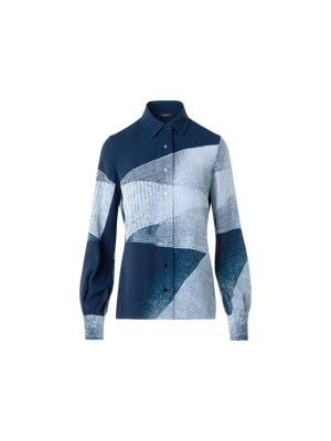 Designer Silk Crêpe Shirt Blouse in Zigzag Print - neutral - navy - blue - multicolor