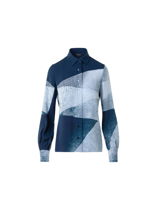 Designer Silk Crêpe Shirt Blouse in Zigzag Print - neutral - navy - blue - multicolor