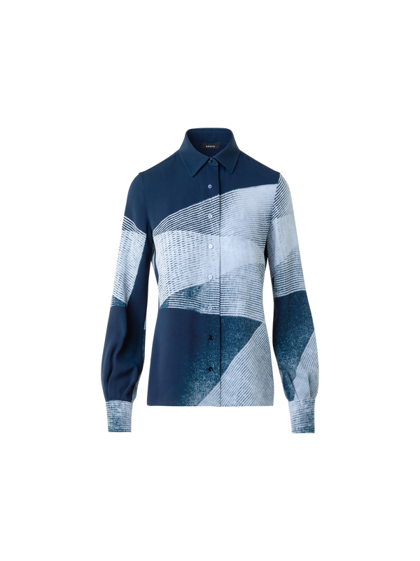 Designer Silk Crêpe Shirt Blouse in Zigzag Print - neutral - navy - blue - multicolor