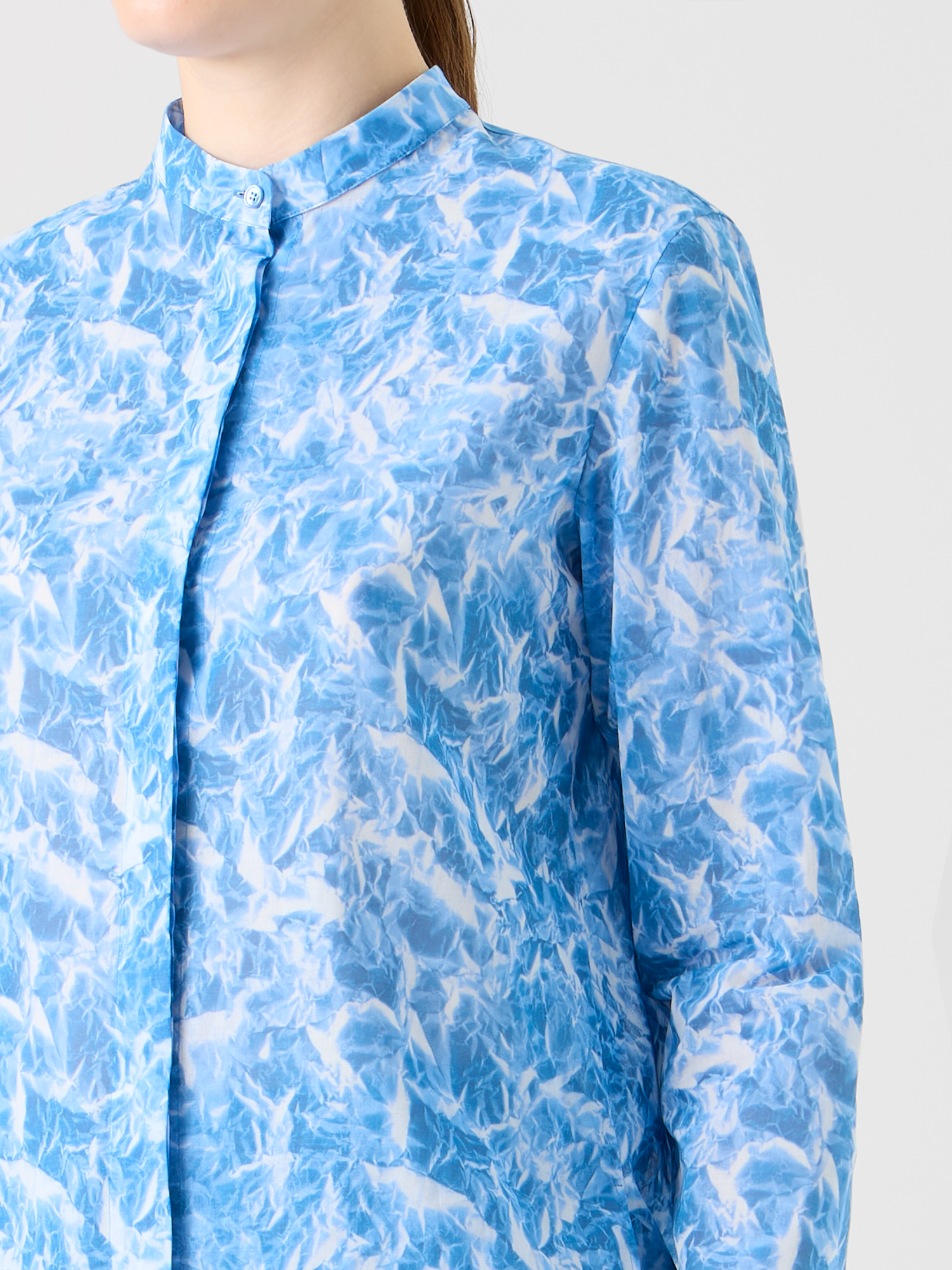 Designer Whitecaps Print Cotton Voile Tunic Blouse - blue 