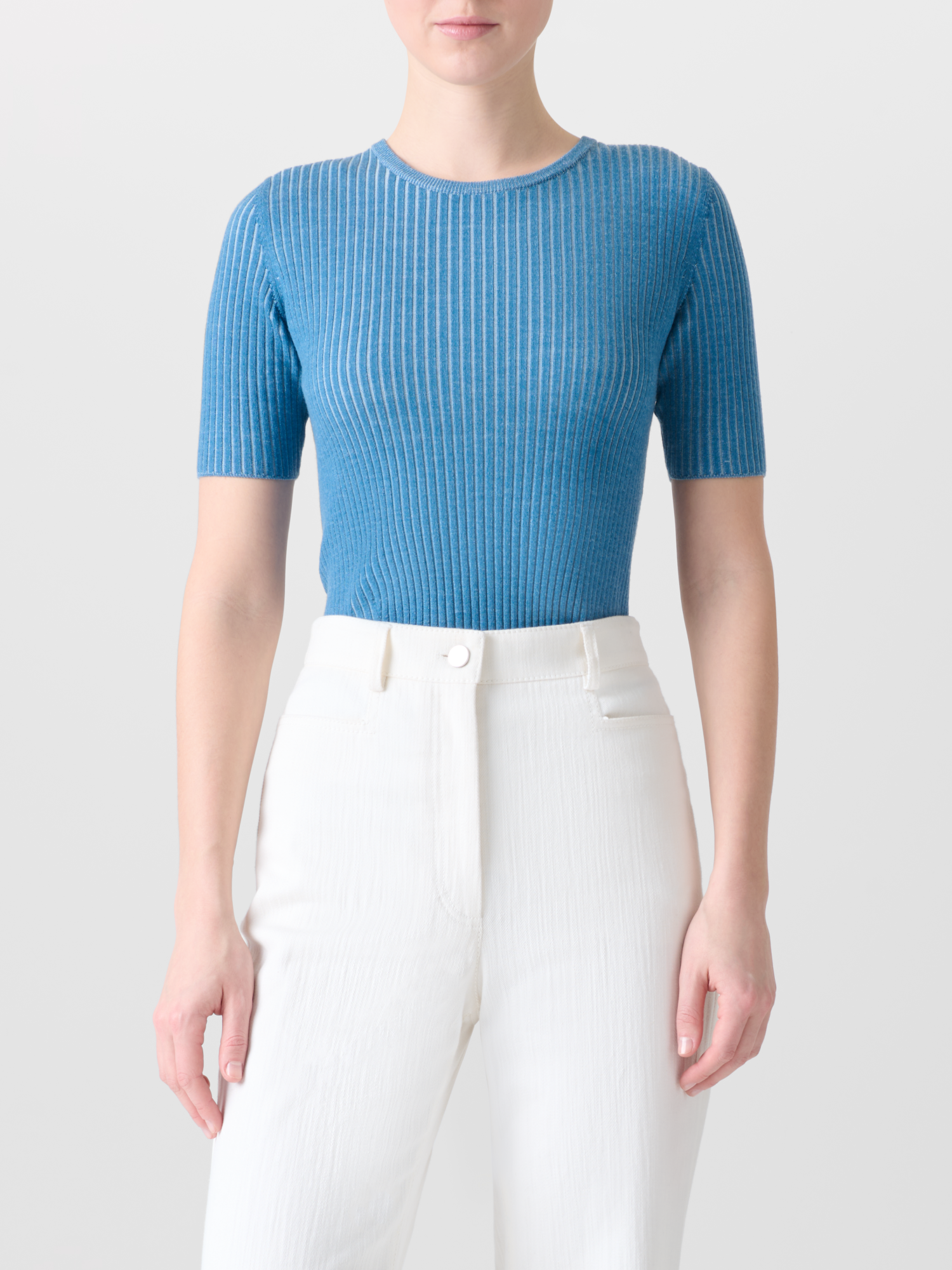 Designer Fitted Short Sleeves Knit Shirt in Merino Wool - blue 