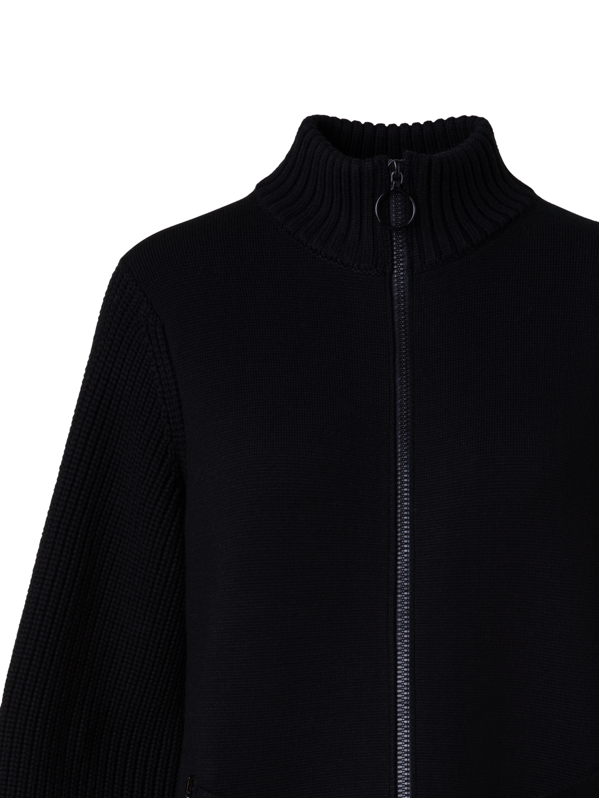 Designer Long Knit Bomber Jacket in Stretch Merino Wool - black