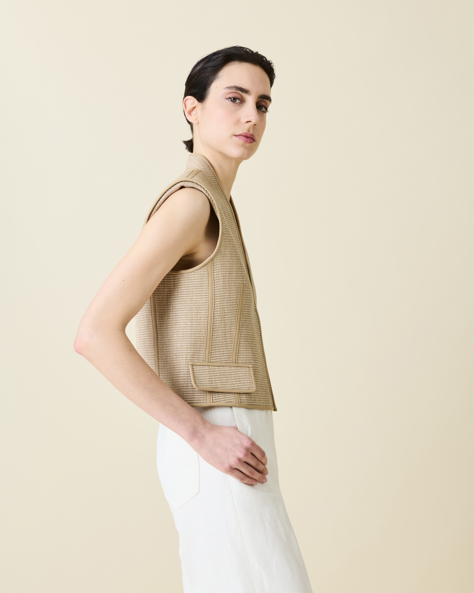 Designer Gilet in Soft Cotton Raffia with Leather Trim - neutral - beige 