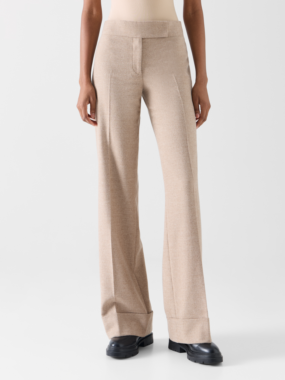 Designer Wide Leg Wool Flannel Pants with High Cuff - beige 