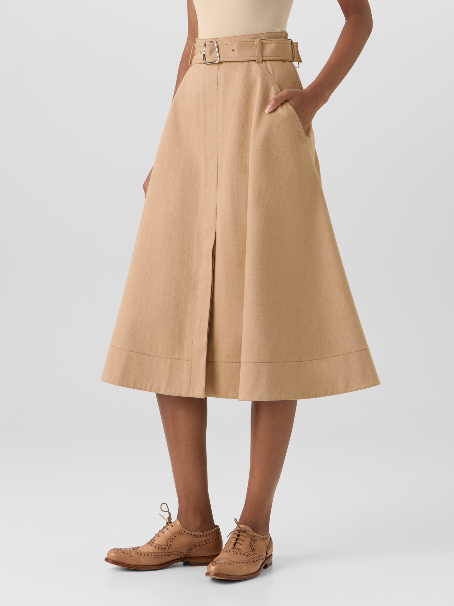 Designer Stretch-Cotton Denim Midi Skirt - beige 