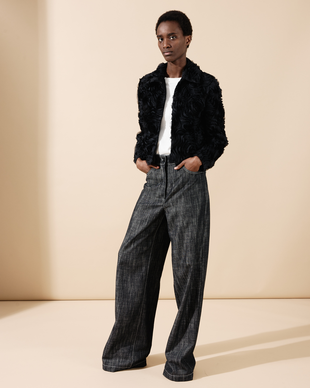 Designer Short Jacket with 3D Carnation Embroidery - black #editorial