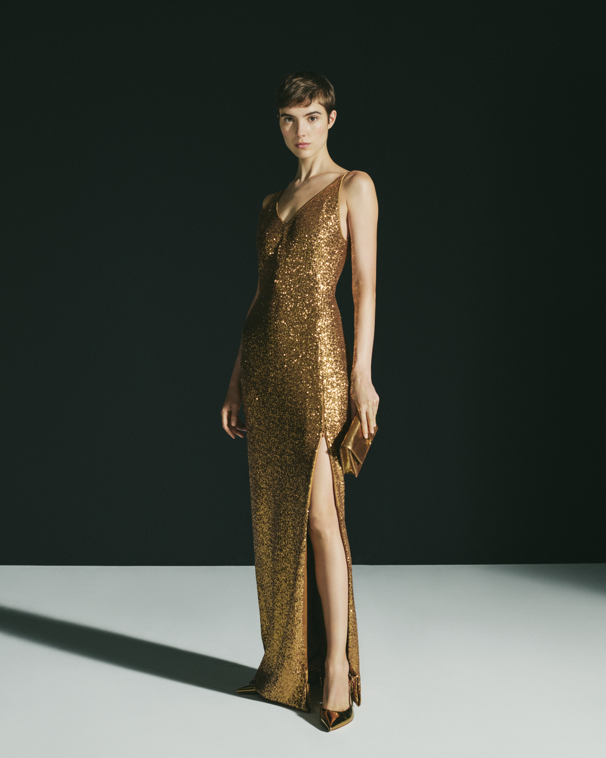 Designer Long Sequined Evening Gown with V-Neck - gold #editorial