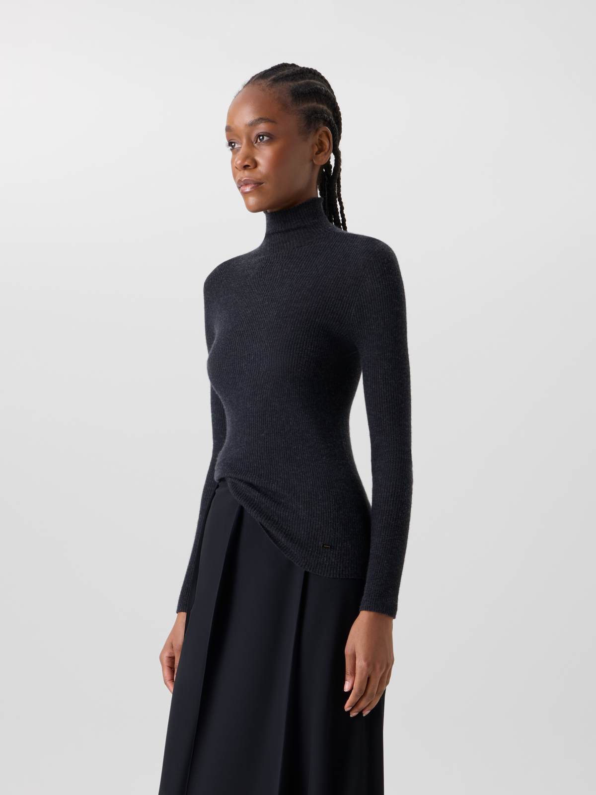 Designer Fine Rib Cashmere Silk Mock Neck Sweater - grey #editorial