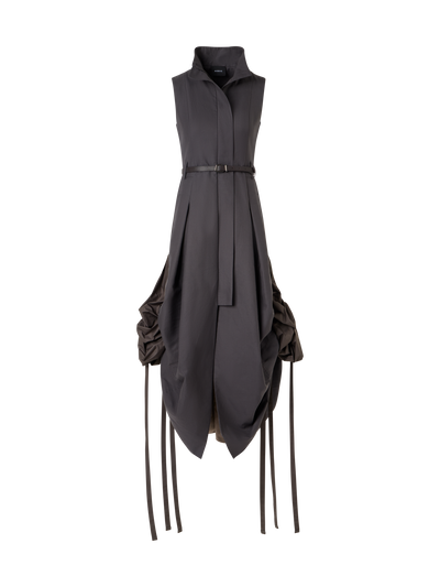 Designer Cotton Midi Dress With Drawstrings - brown