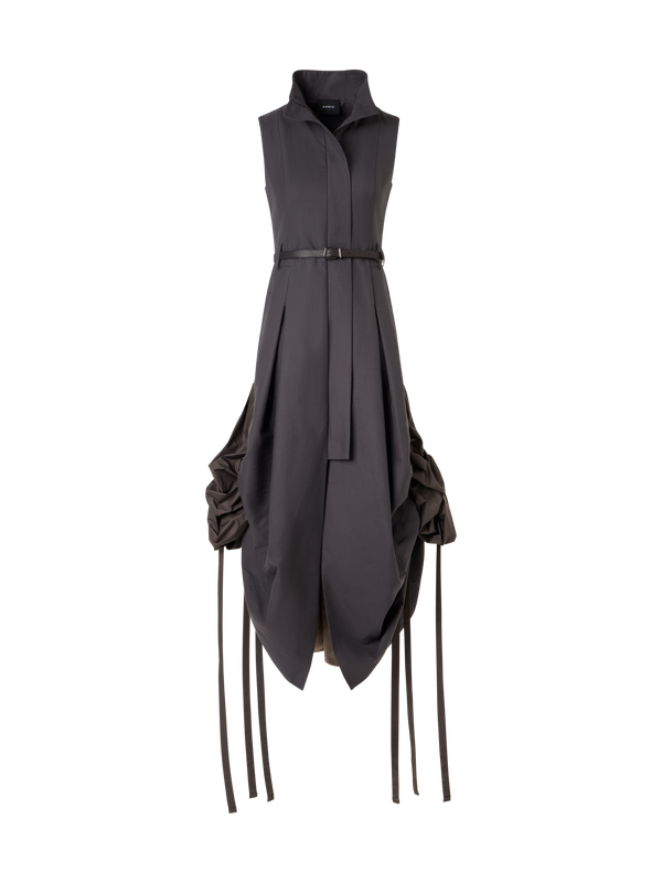 Designer Cotton Midi Dress With Drawstrings - brown