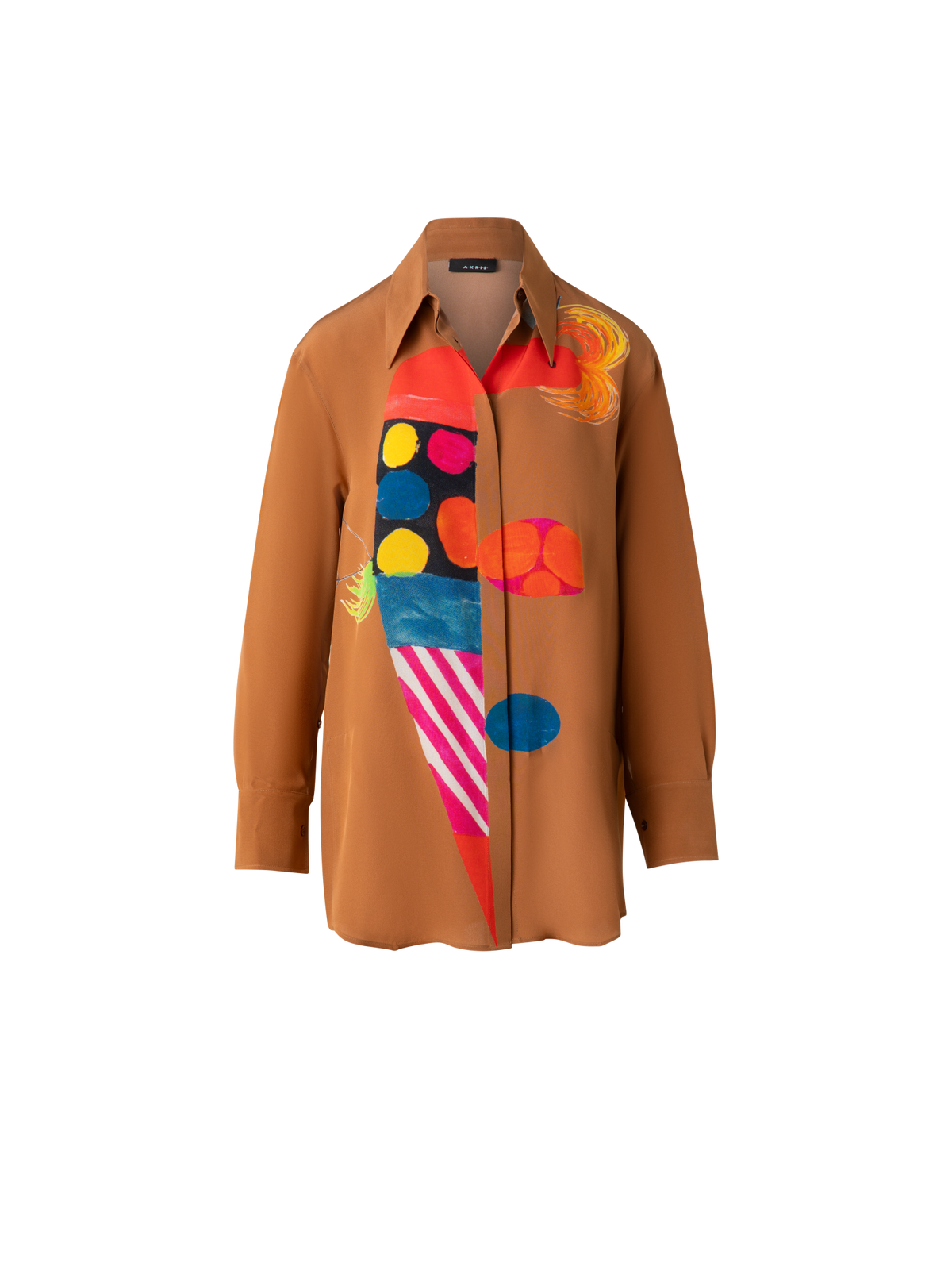 Designer Oversized Silk Tunic Blouse with Rooster Print - brown - multicolor