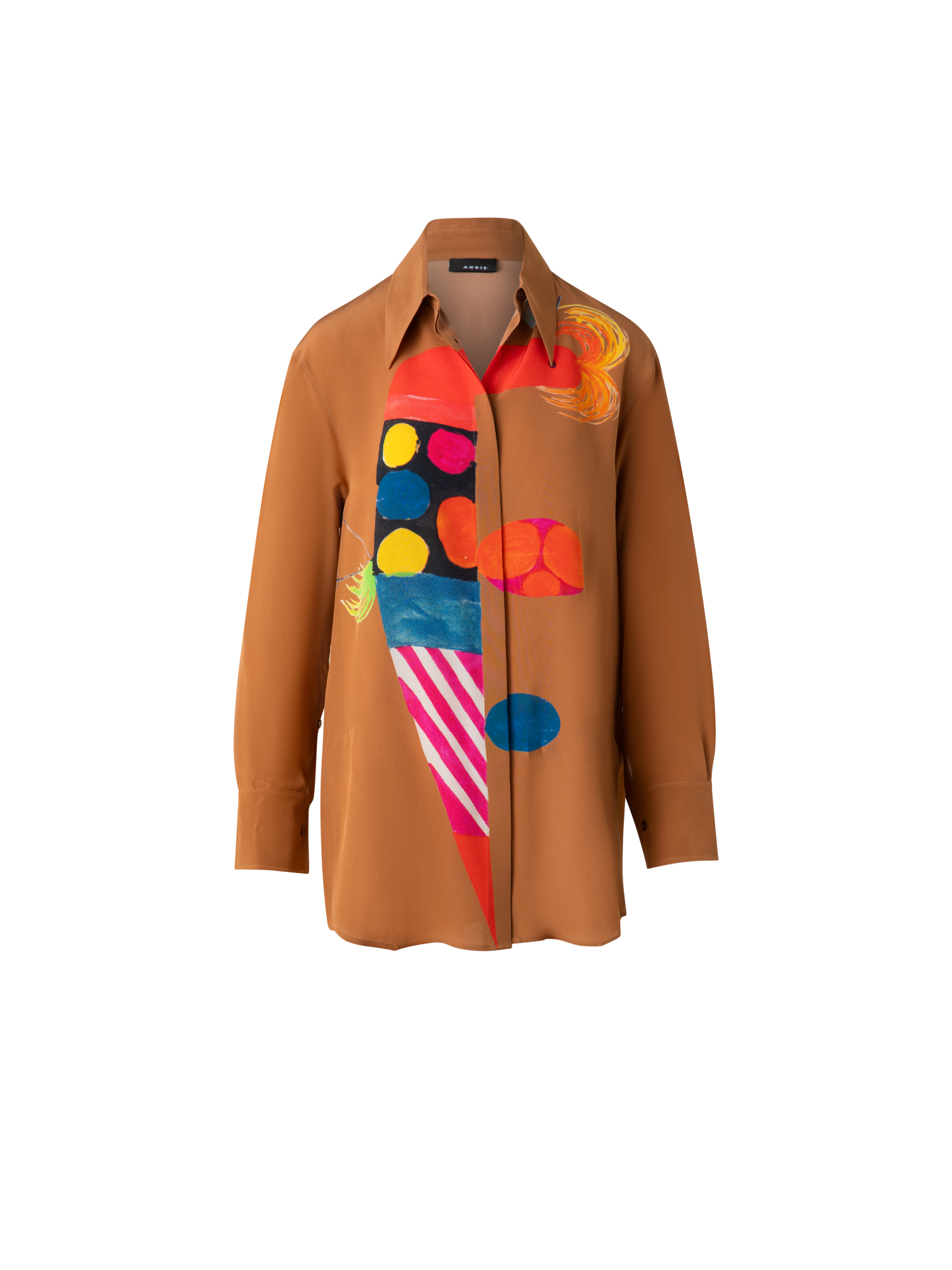 Designer Oversized Silk Tunic Blouse with Rooster Print - brown - multicolor