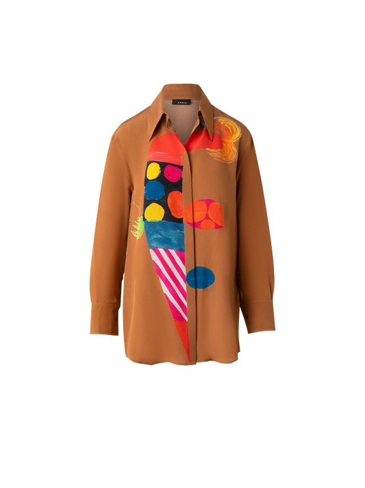 Designer Oversized Silk Tunic Blouse with Rooster Print - brown - multicolor