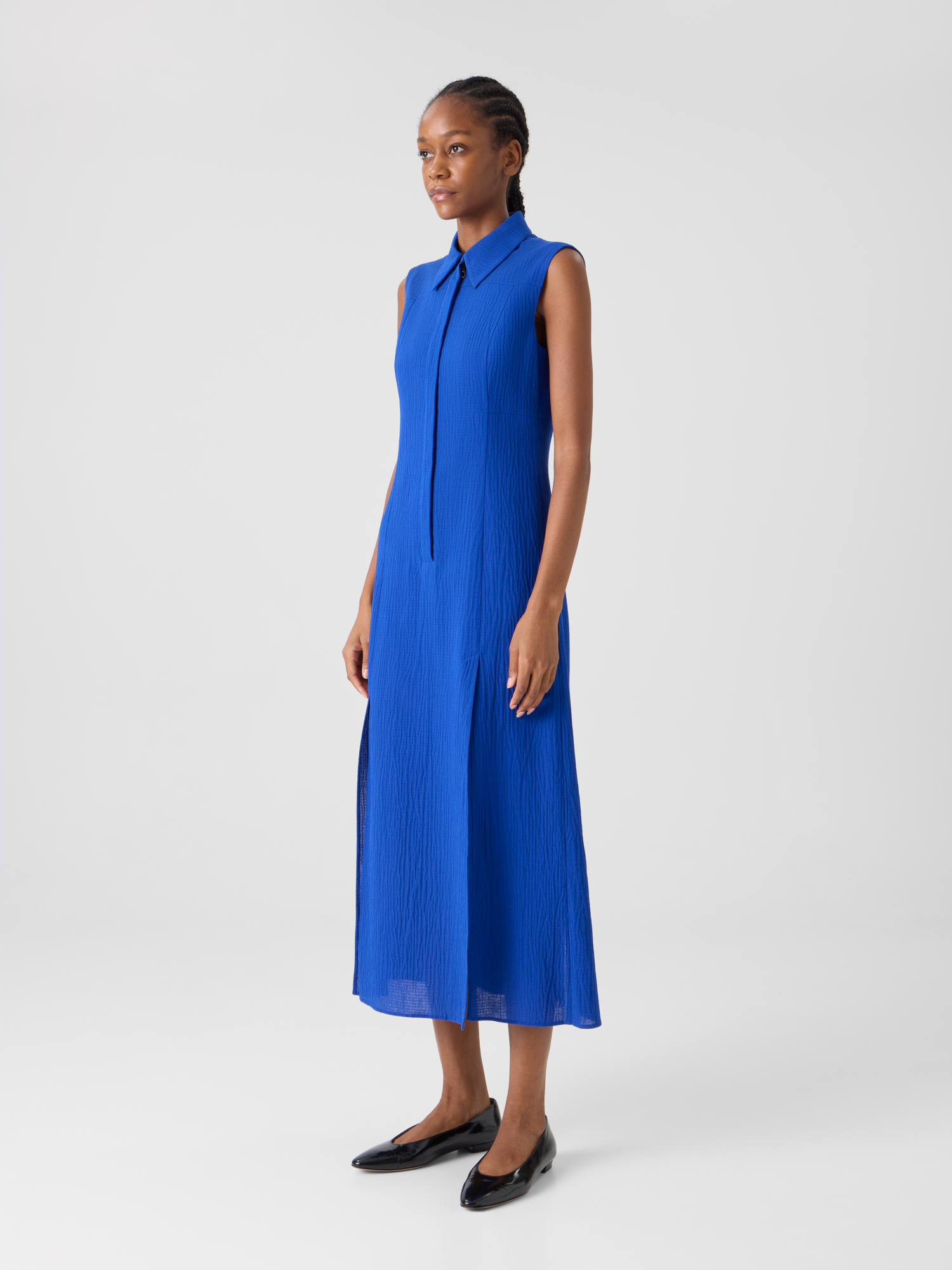 Designer Midi Shirt Dress in Structured Cotton Silk - blue 