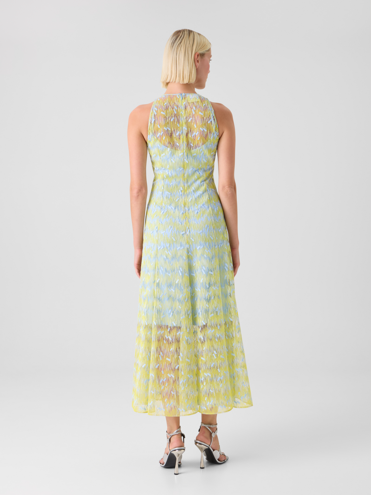 Designer Sheer Scribble Dot Embroidered Flared Midi Dress - blue - yellow