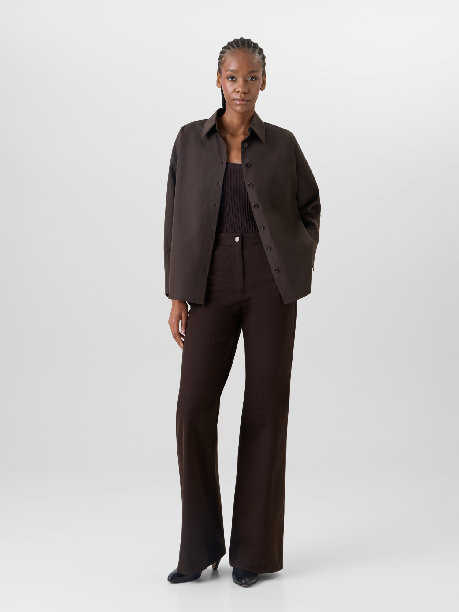 Designer Long-Sleeve Cotton Shirt Blouse - brown 