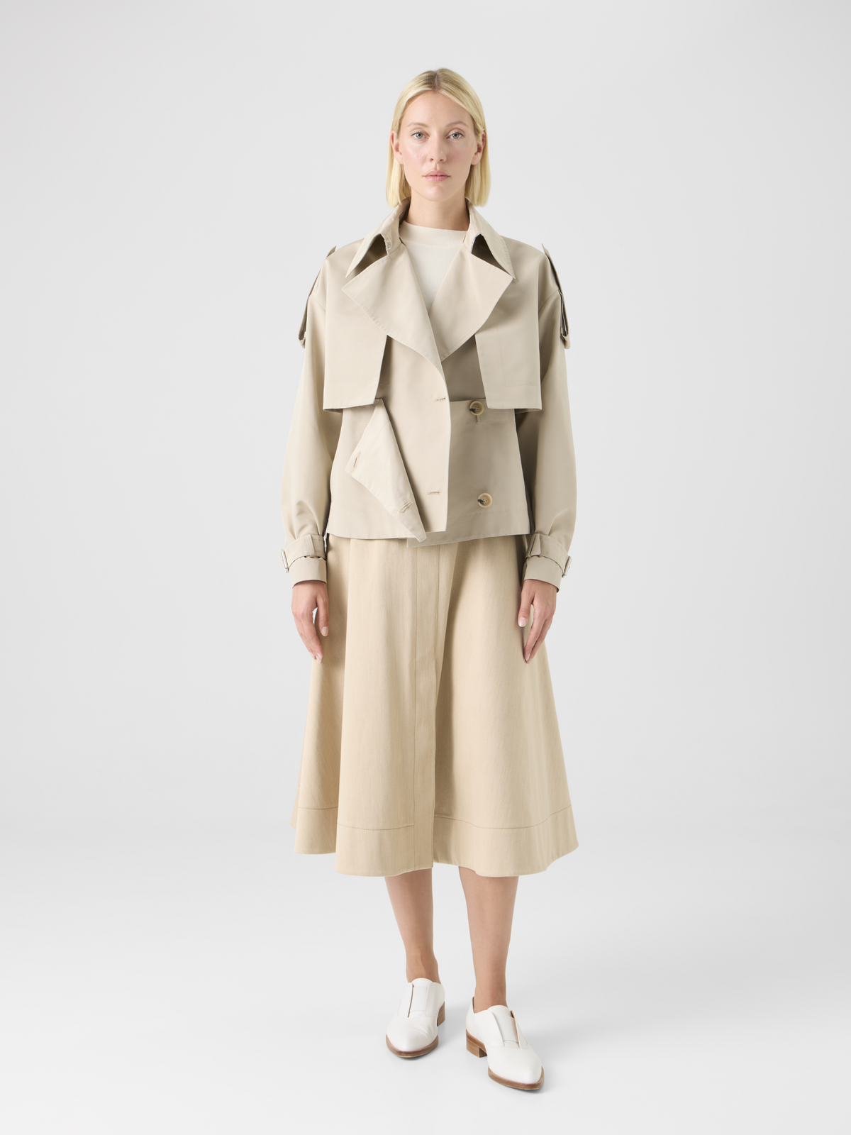 Designer Short Silk Trench Coat with Removable Bolero - beige #editorial